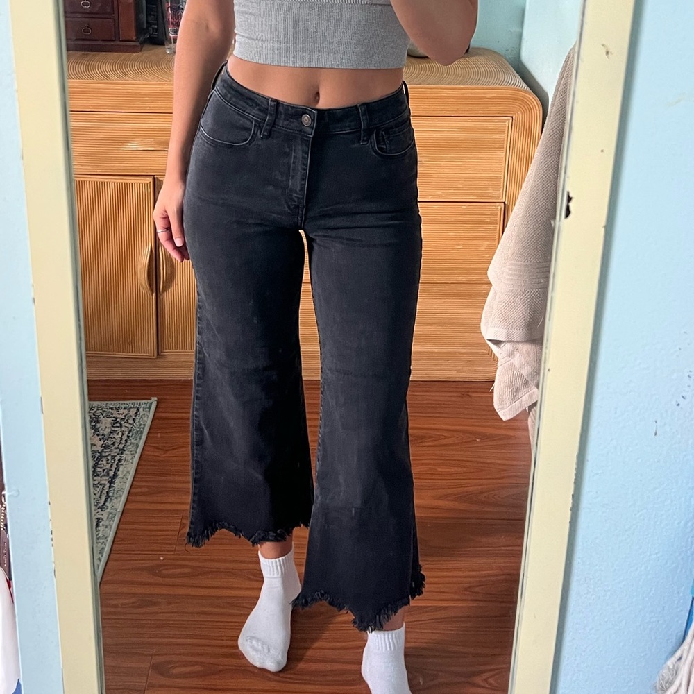 Hollister Black Wide Leg Fringe Hem Jeans